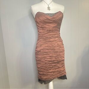 Y2K ruched bronze cocktail dress – romantic lace trim – size 6 BCBG Max Azria